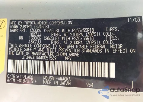 2004 Lexus Rx 330 z USA, uszkodzony, nr VIN JTJHA31U440051569